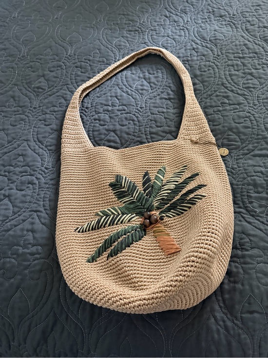 The Sak Handbags - The Sak Beige Crochet Shoulder Bag with Green Palm Embroidery